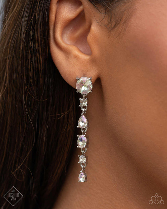 Fairytale Falls - White & Iridescent Gem Post Earring Fiercely 5Th Avenue Fashion Fix April 2024 Paparazzi E2012