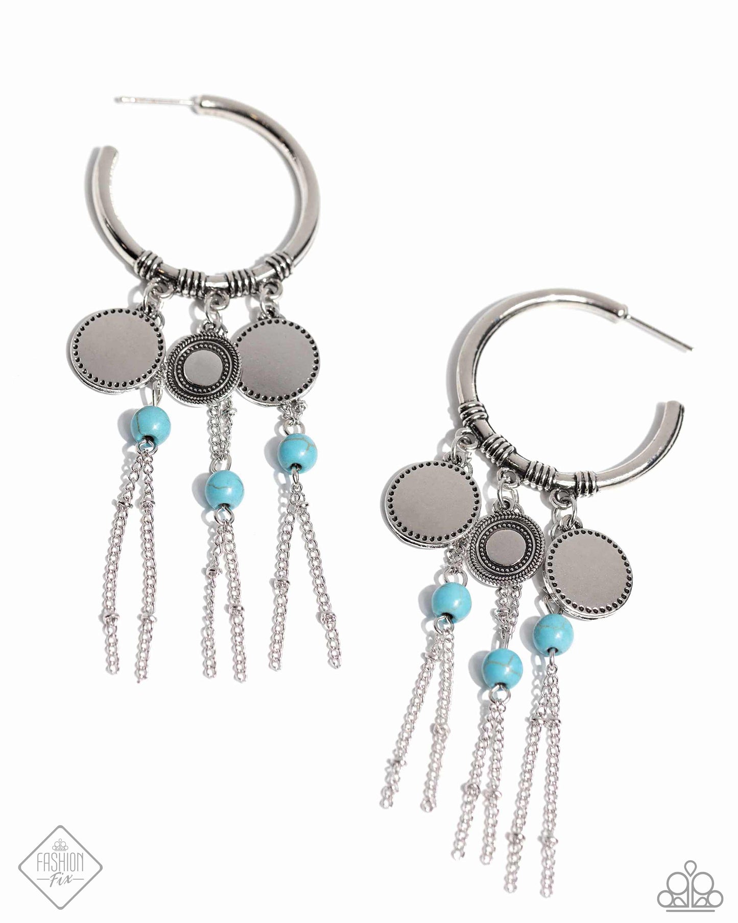 Peppy Pinnacle - Blue Turquoise Bead Silver 1 1/2 Inch Hoop Earring Santa Fe Style Fashion Fix April 2024 Paparazzi E2011