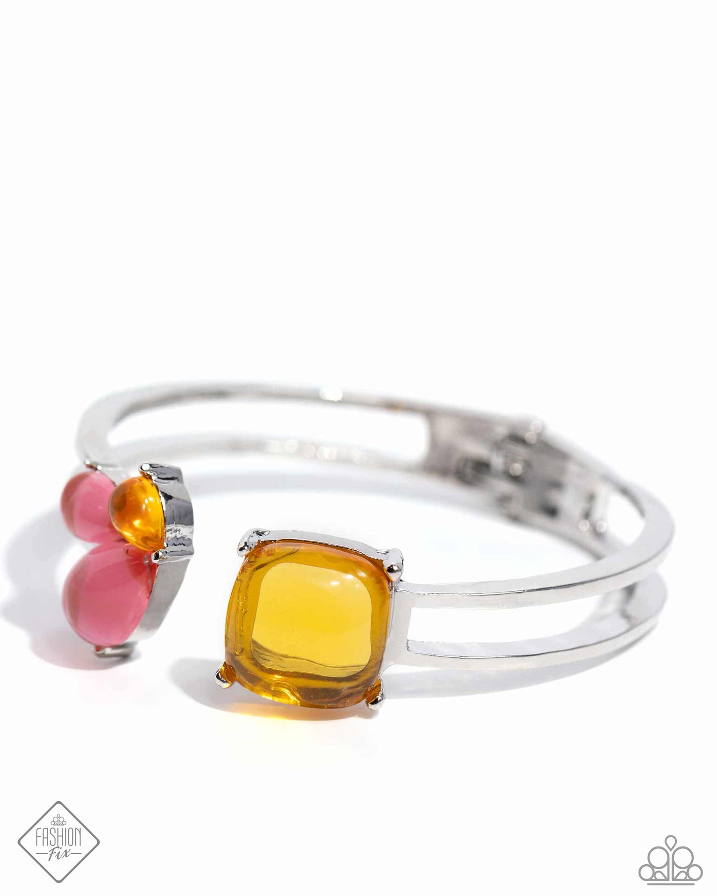 Reflective Recognition - Multi Glassy Yellow Square, Pink Teardrop Acrylic Hinge Bracelet Glimpses Of Malibu Fashion Fix April 2024 Paparazzi B1586