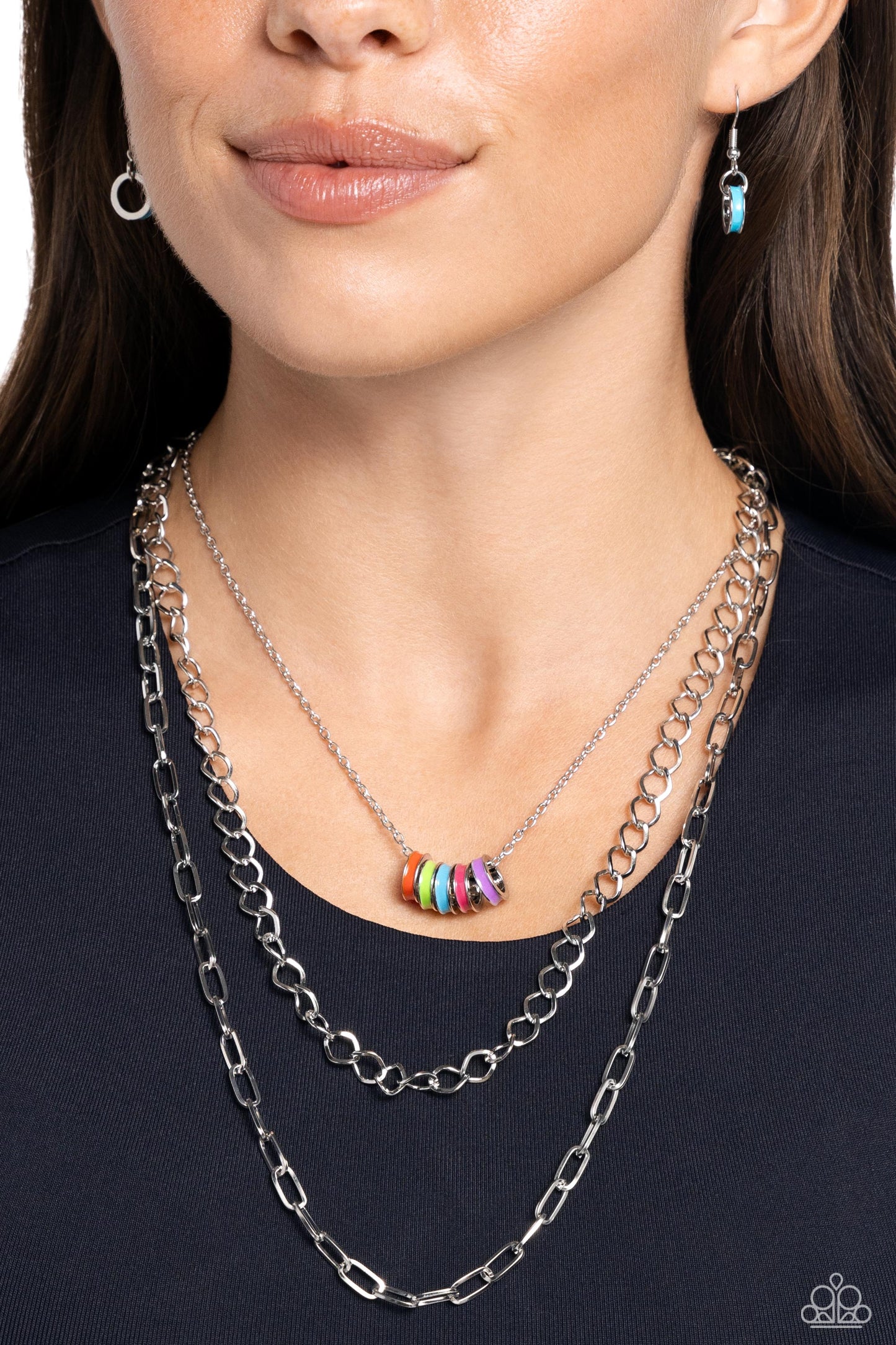 Colorful Cadet - Multi Colored Silver Painted Ring & Layered Chain Necklace Paparazzi N2196