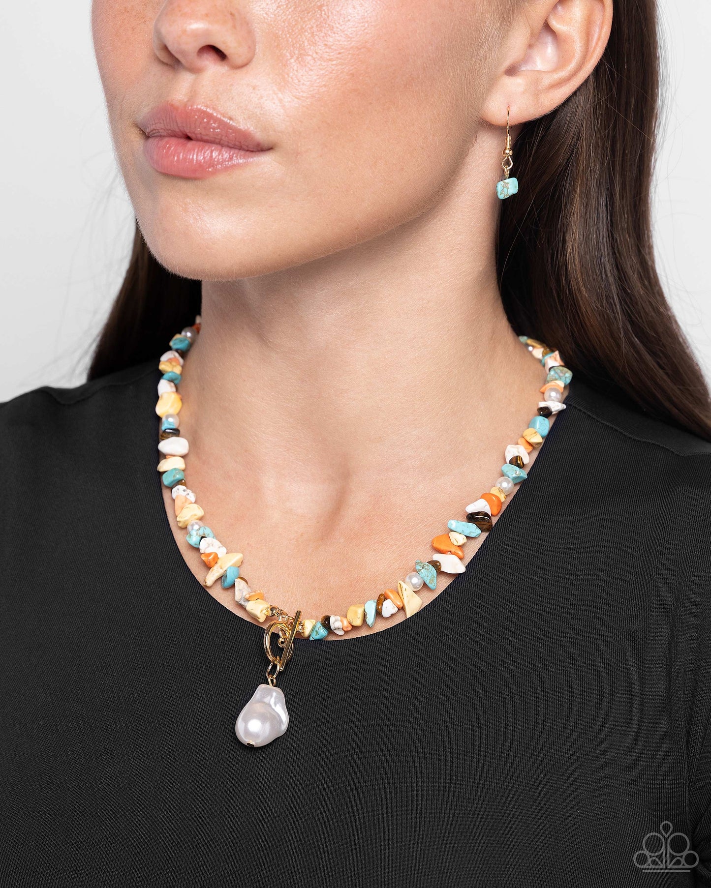 Natural New Age - Multi Color Chiseled Stones & White Pearl Gold Toggle Closure Santa Fe Style Necklace Paparazzi N2542