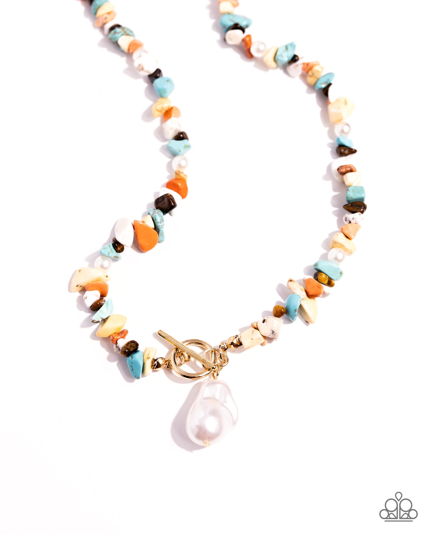 Natural New Age - Multi Color Chiseled Stones & White Pearl Gold Toggle Closure Santa Fe Style Necklace Paparazzi N2542