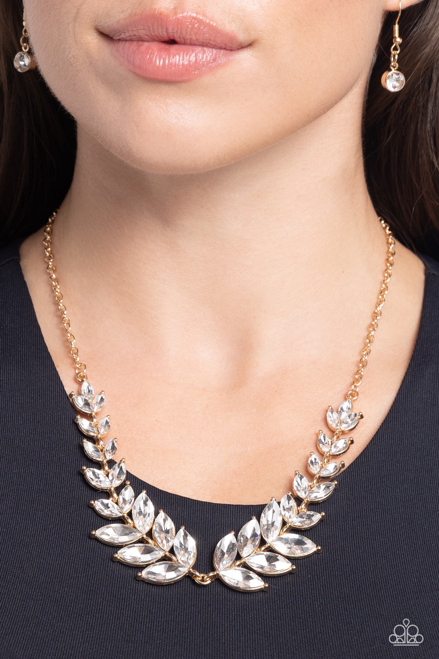 Luxury Laurels - Gold & White Marquise Gem Laurel Necklace Paparazzi