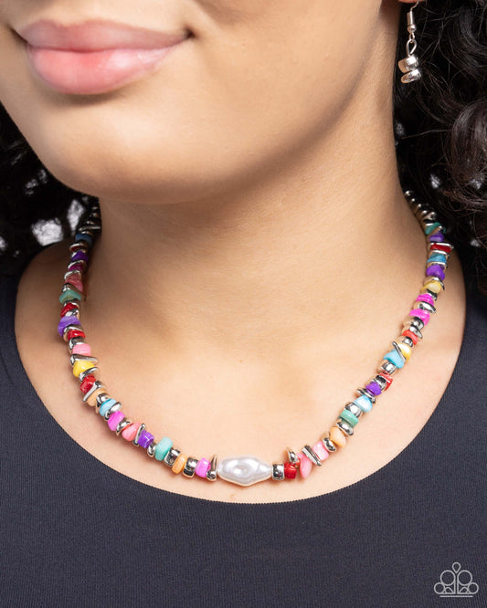 Seasonal Socialite - Multicolored Stone, Silver Bead & Baroque White Pearl Necklace Paparazzi N2257