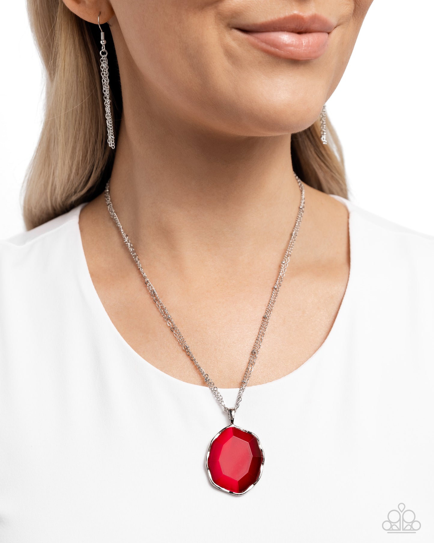 Showstopping Season - Red Faceted Oval Silver Satellite Chain Necklace Paparazzi N2400