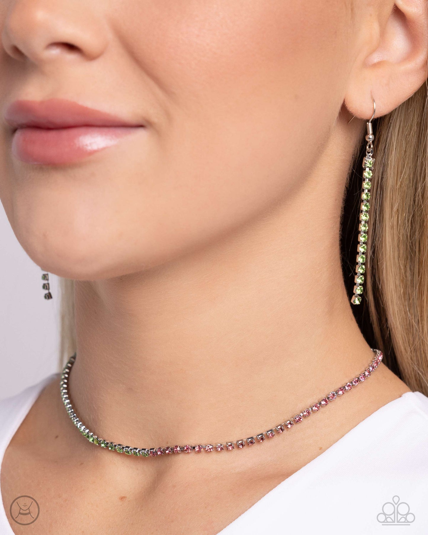 Dedicated Duo - Green To Rose Rhinestone Choker Necklace Paparazzi