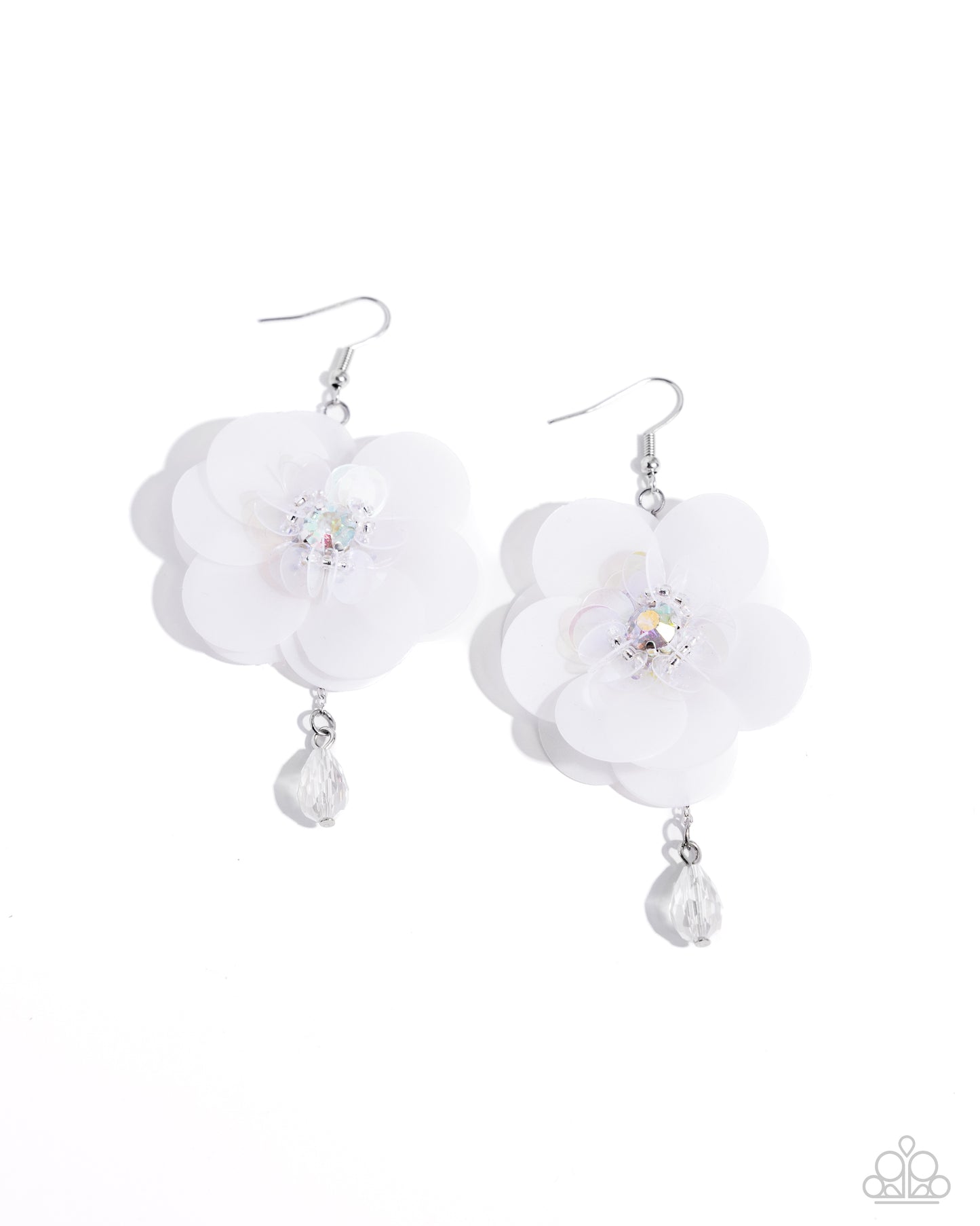 Oversized Opulence - White Iridescent Sequin Petal Flower Earring Paparazzi E2217