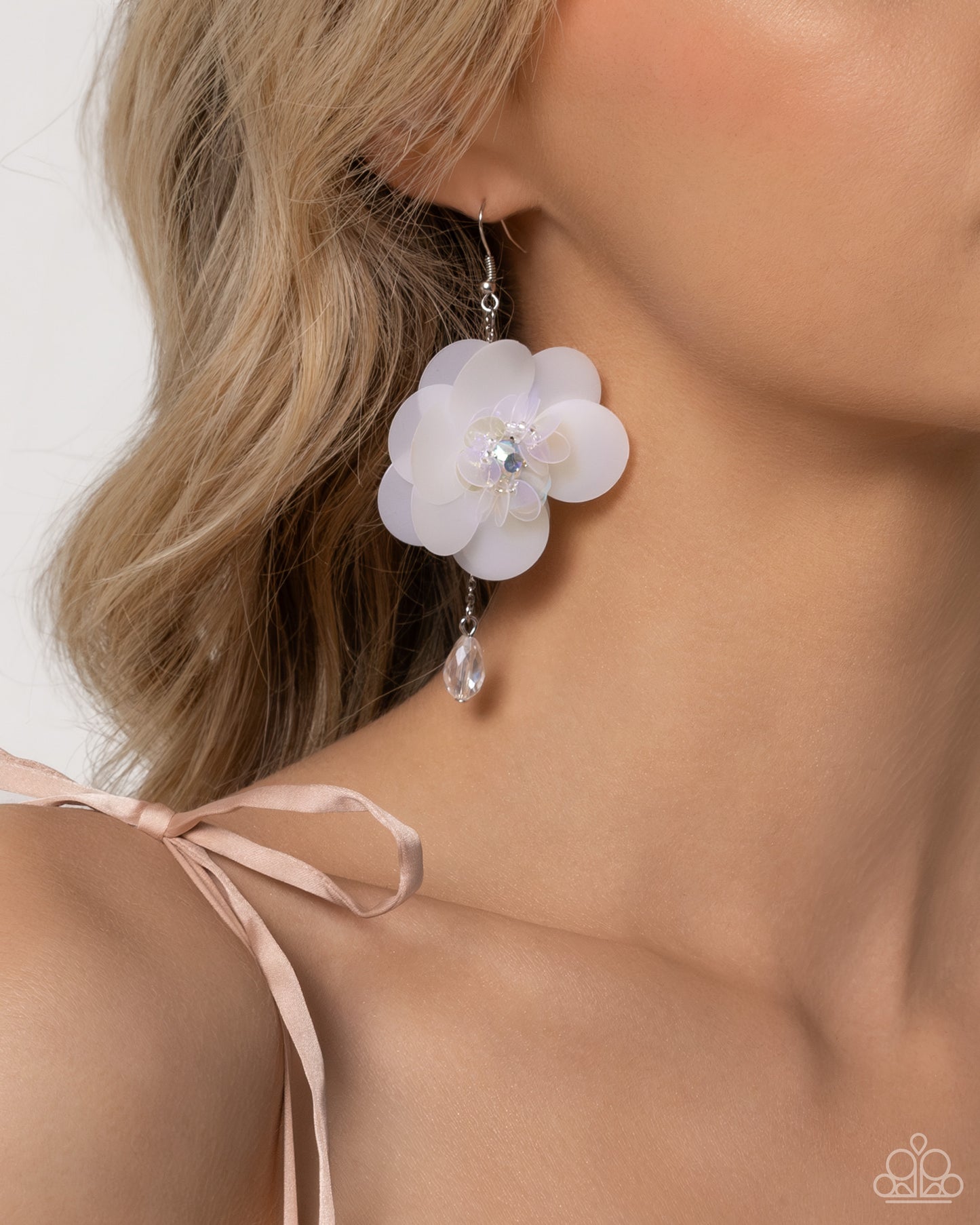 Oversized Opulence - White Iridescent Sequin Petal Flower Earring Paparazzi E2217