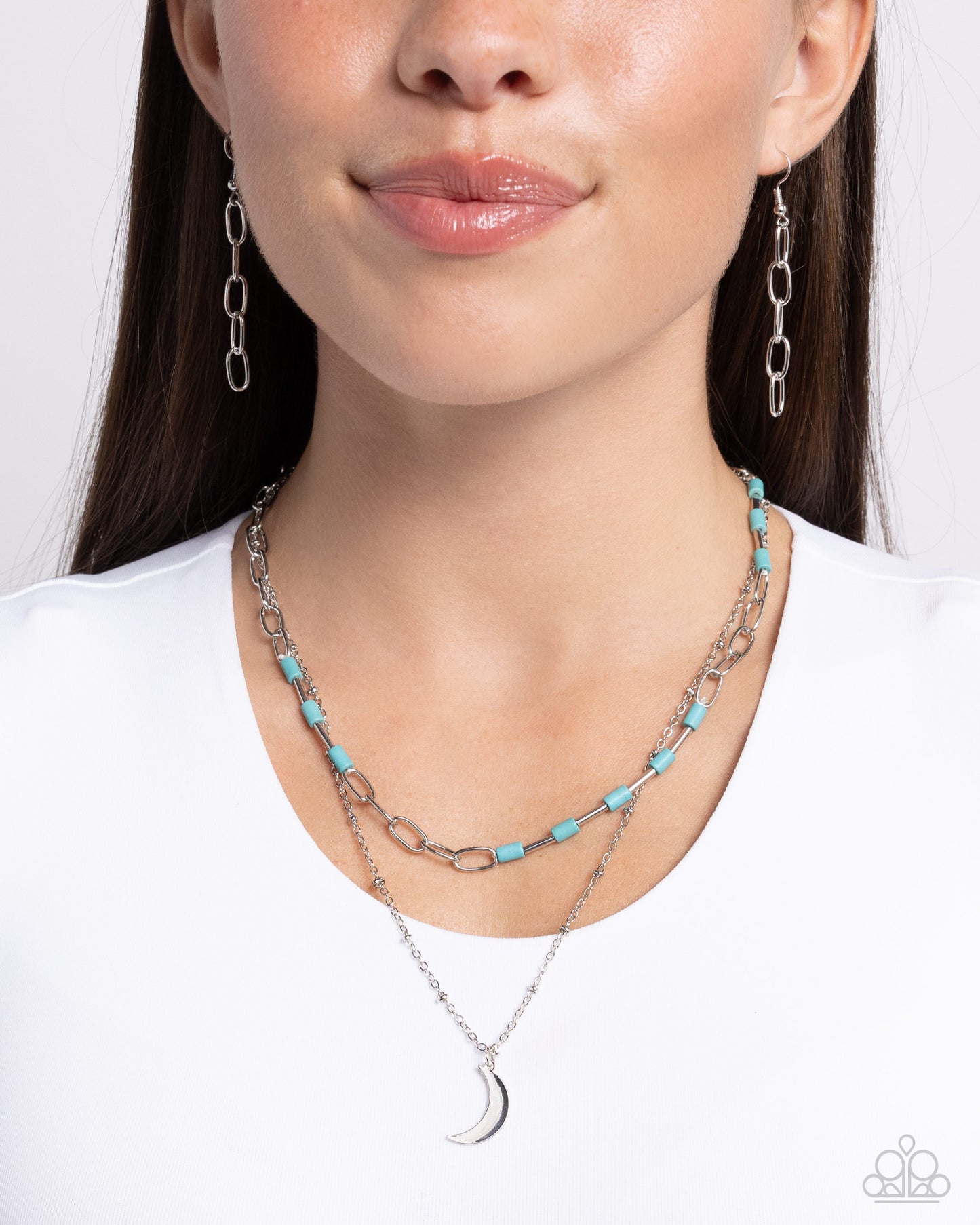 Lunar Lucidity - Blue Turquoise, Silver Bead & Crescent Moon Necklace Paparazzi N2484