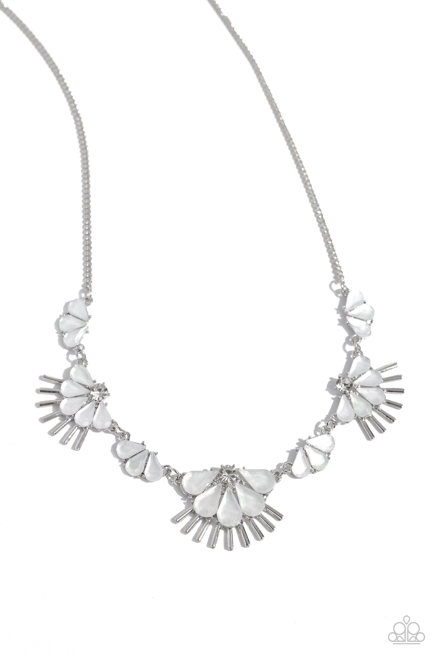 Fluttering Fan - White Milky Teardrop & Rhinestone Fan Style Necklace Paparazzi N2286