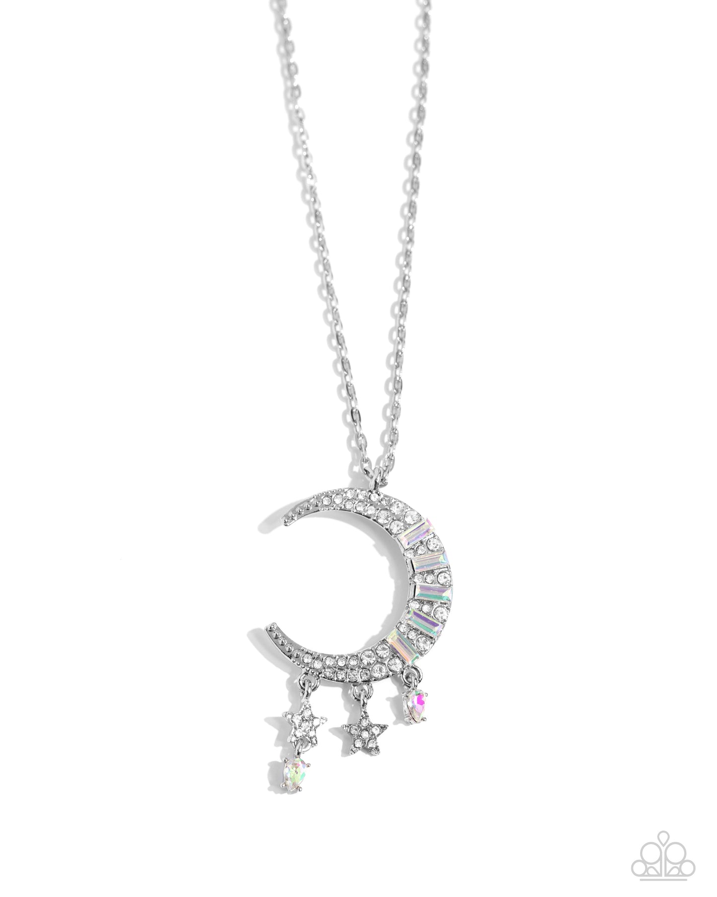 Lunar Landmark - White Rhinestone & Iridescent Gem, Silver Moon Charm Necklace Paparazzi N2487