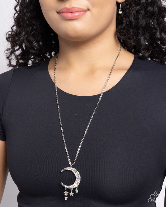 Lunar Landmark - White Rhinestone & Iridescent Gem, Silver Moon Charm Necklace Paparazzi N2487