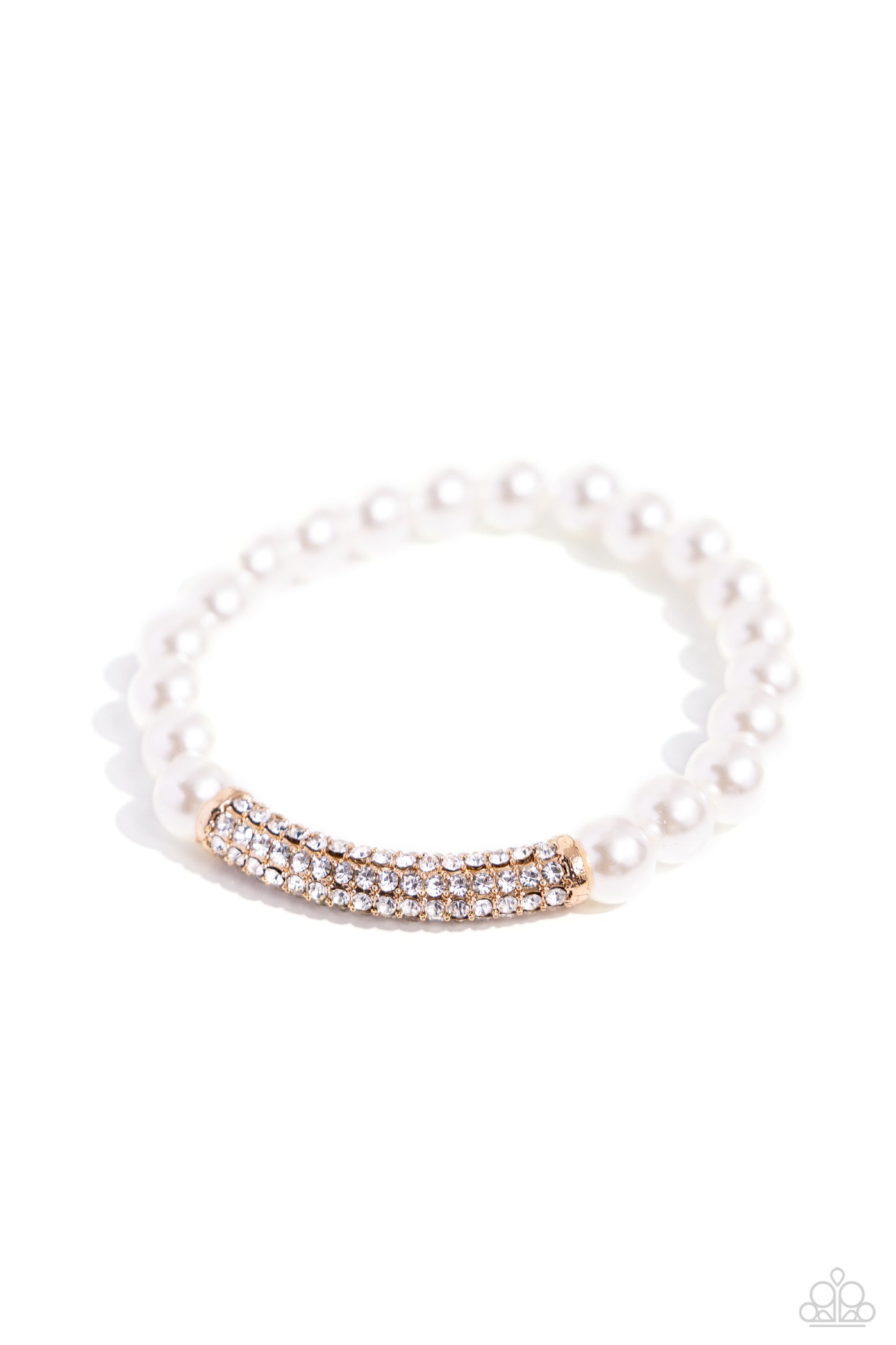 Elegance Embodied - Gold, White Pearl & Rhinestone Stretch Bracelet Paparazzi B1626