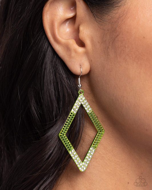 Eloquently Edgy - Green Electric Metal White Rhinestone Earring Paparazzi E1965