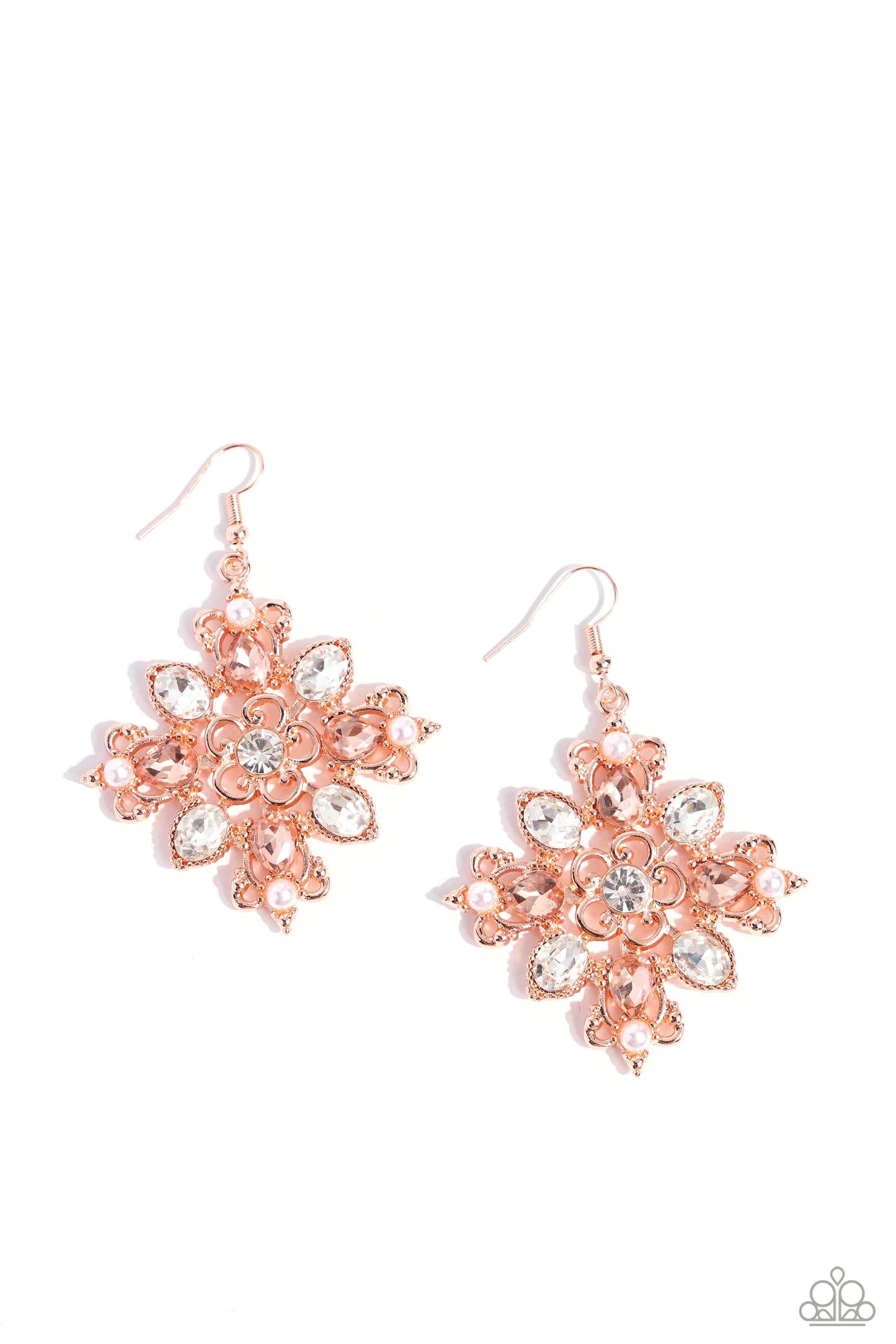 Fancy-Free Florals - Copper - Shiny Copper Floral, Pearl, Peach & White Gem Earring Paparazzi E2186