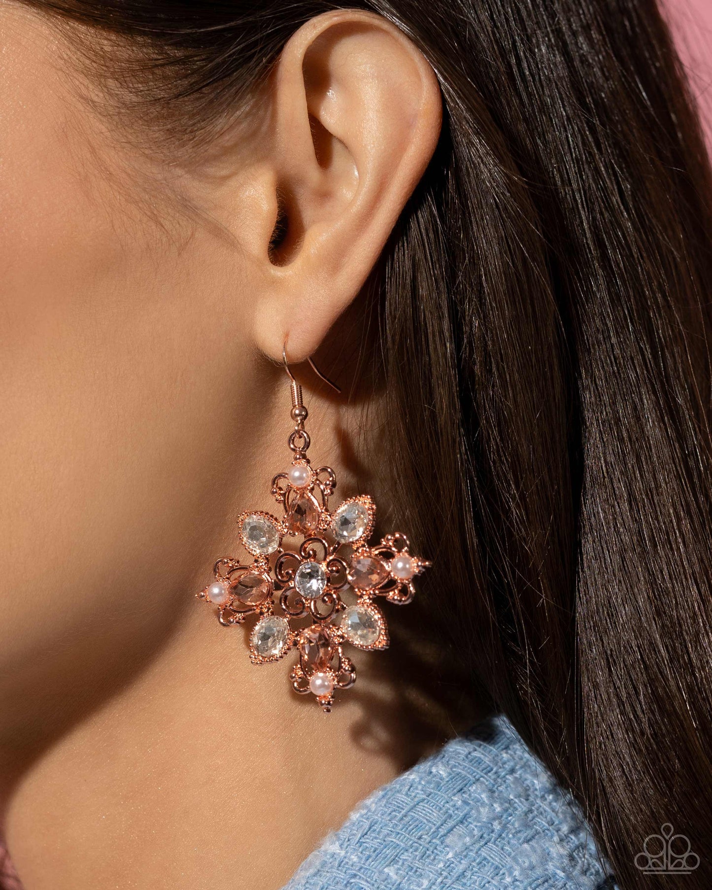 Fancy-Free Florals - Copper - Shiny Copper Floral, Pearl, Peach & White Gem Earring Paparazzi E2186