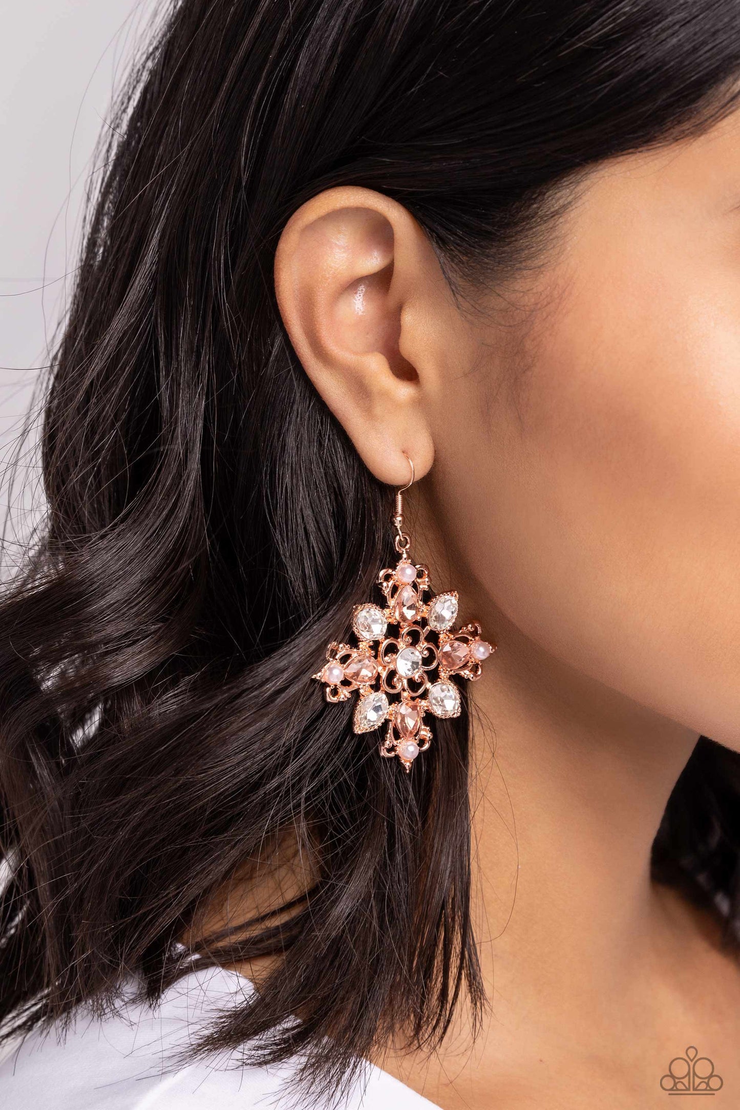 Fancy-Free Florals - Copper - Shiny Copper Floral, Pearl, Peach & White Gem Earring Paparazzi E2186