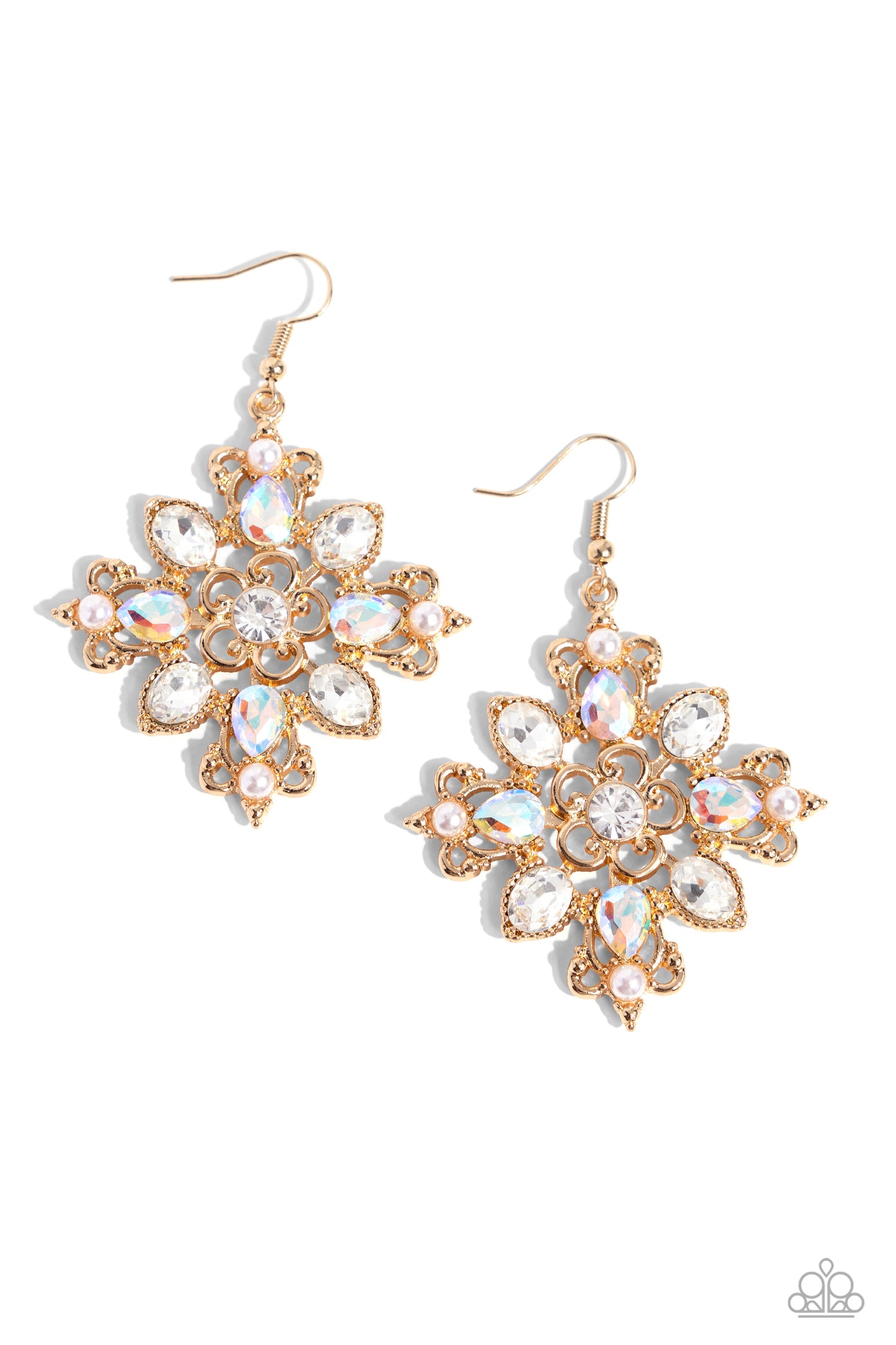 Fancy-Free Florals - Gold & UV Shimmery White Gem Floral Earring Paparazzi E1982