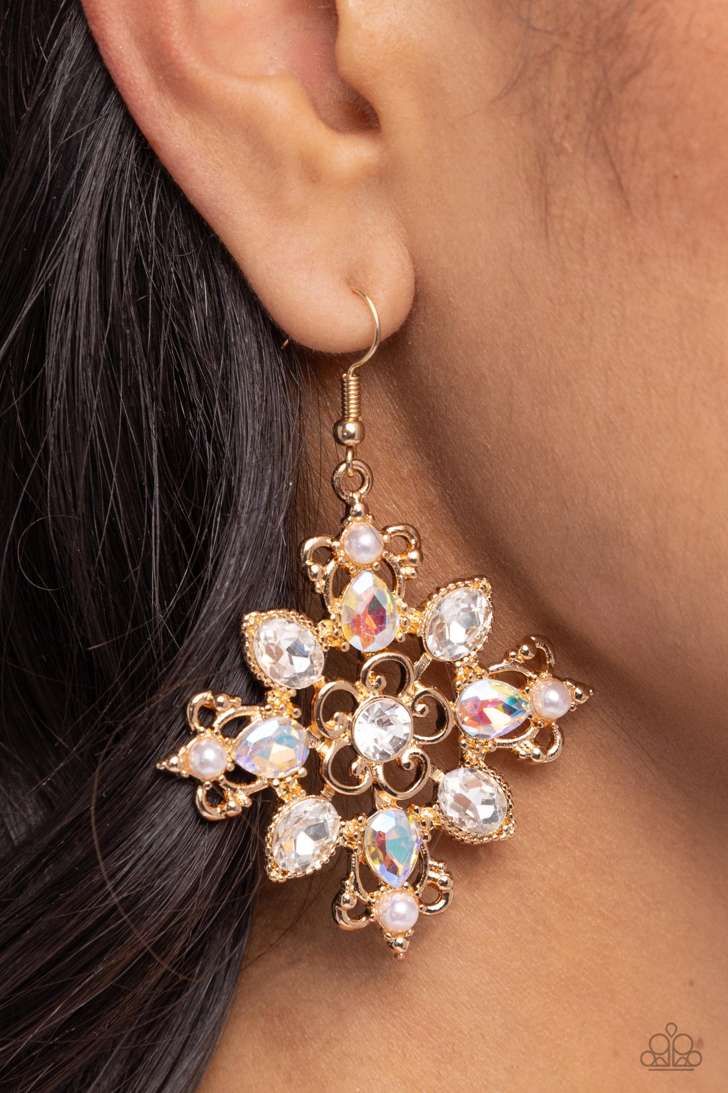 Fancy-Free Florals - Gold & UV Shimmery White Gem Floral Earring Paparazzi E1982