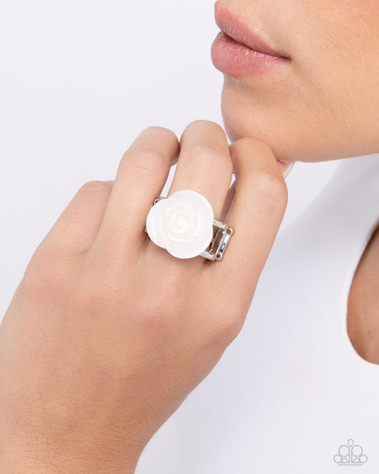 Top-SHELL Shine - White Rosette Shiny Shell Petal Ring Paparazzi R0780