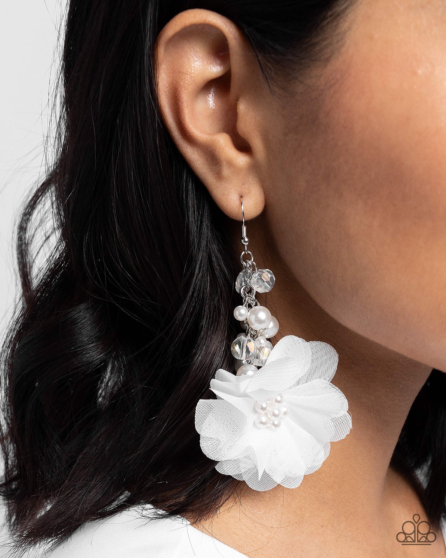 Fashionable Flower Girl - White Tulle Flower With Glossy White Pearl Earring Paparazzi E2092