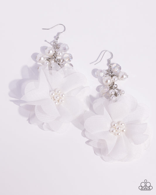 Fashionable Flower Girl - White Tulle Flower With Glossy White Pearl Earring Paparazzi E2092