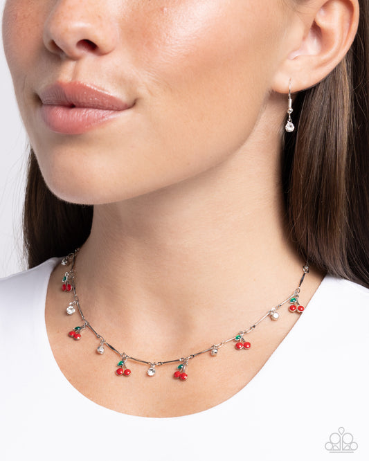 California Cherries - Red Cherry & White Rhinestone Necklace Paparazzi N2211