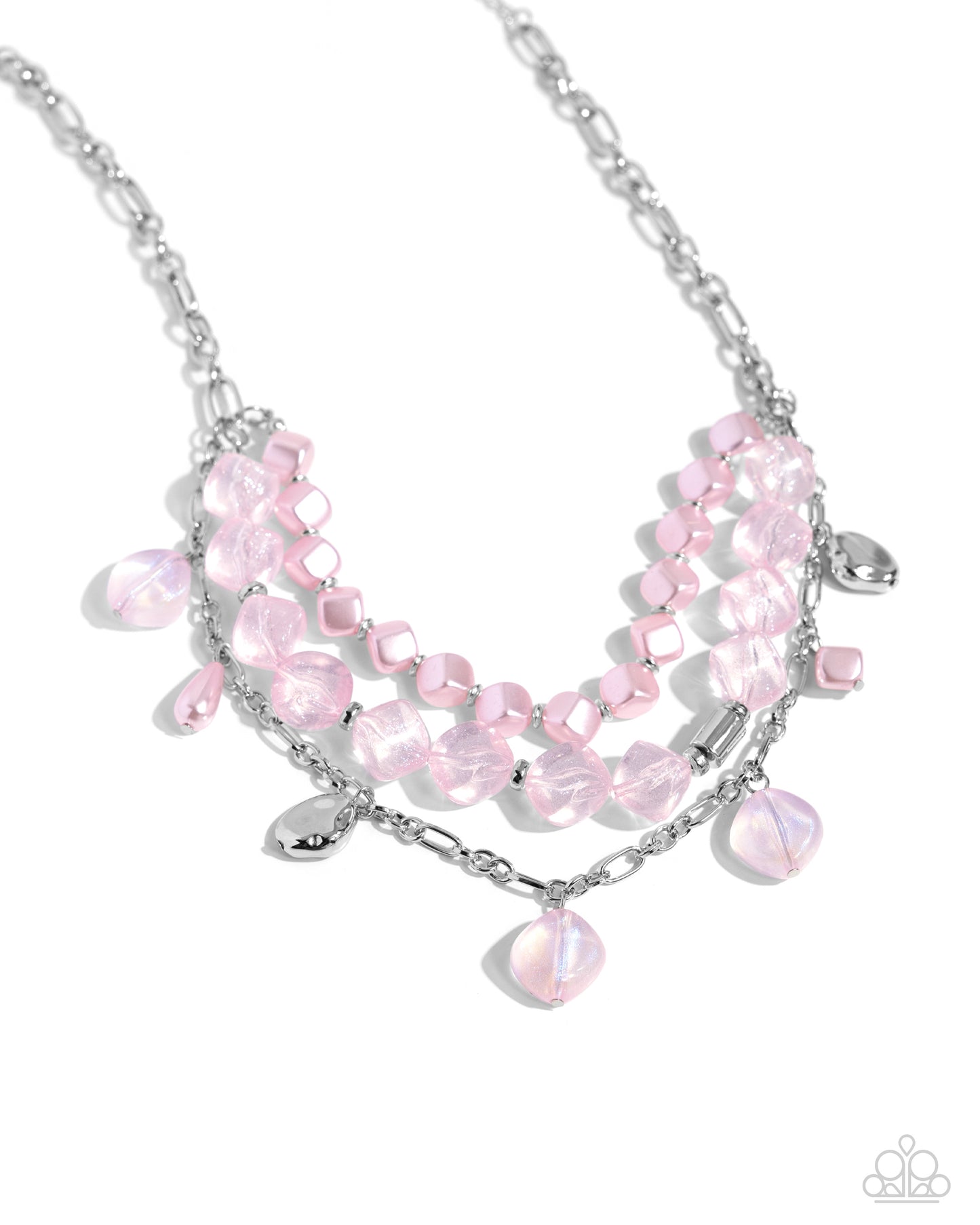 Cubed Cameo - Pink - Baby Pink Pearl, Clear Acrylic Silver Layered Necklace Paparazzi N2306