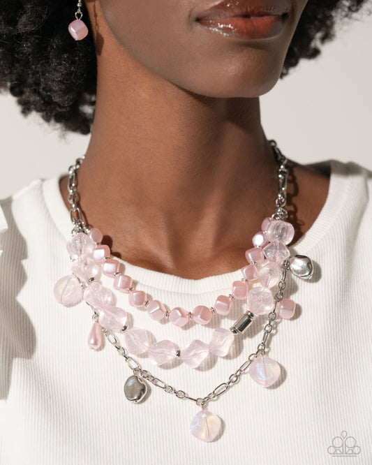 Cubed Cameo - Pink - Baby Pink Pearl, Clear Acrylic Silver Layered Necklace Paparazzi N2306