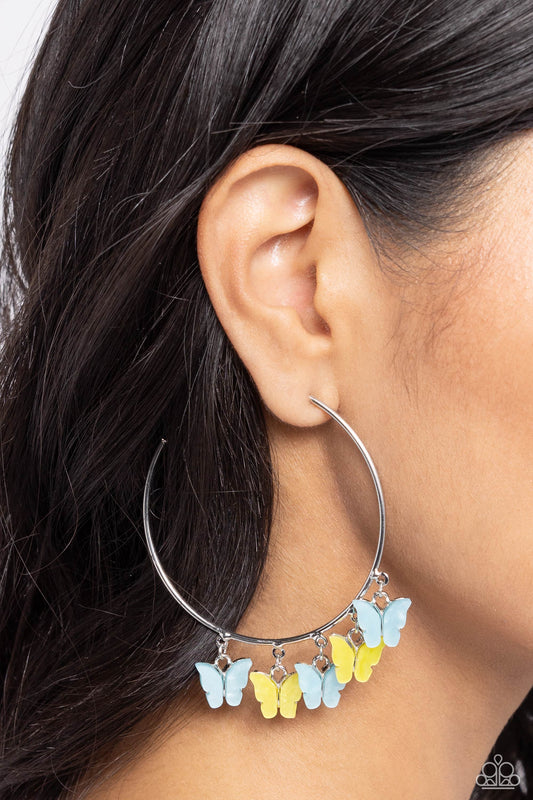 Bemusing Butterflies - Blue & Yellow Butterfly 2 1/4 Inch Hoop Earring Paparazzi E2008