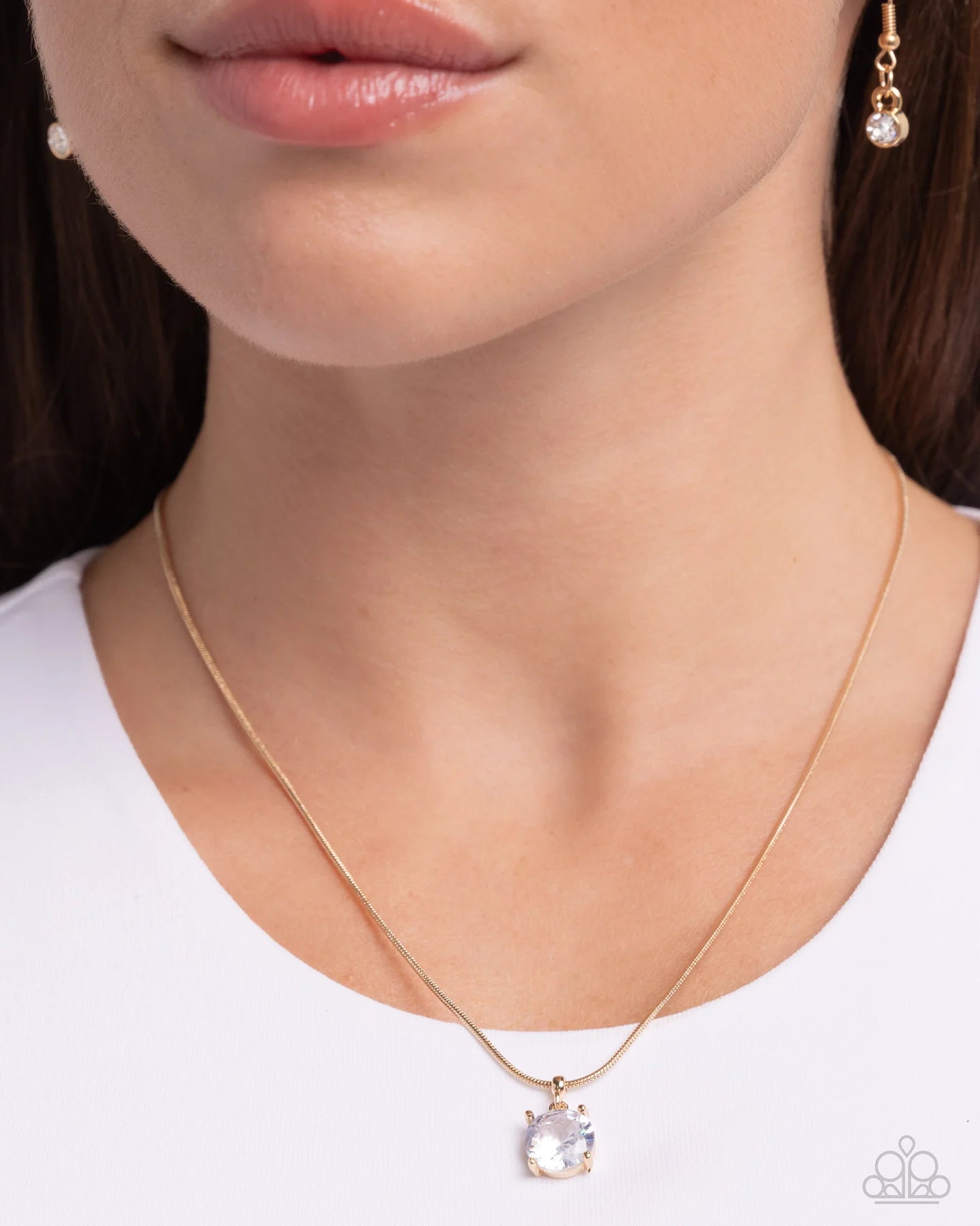 Paparazzi Pronged Premiere - Gold Snake Chain White Gem Necklace N2726
