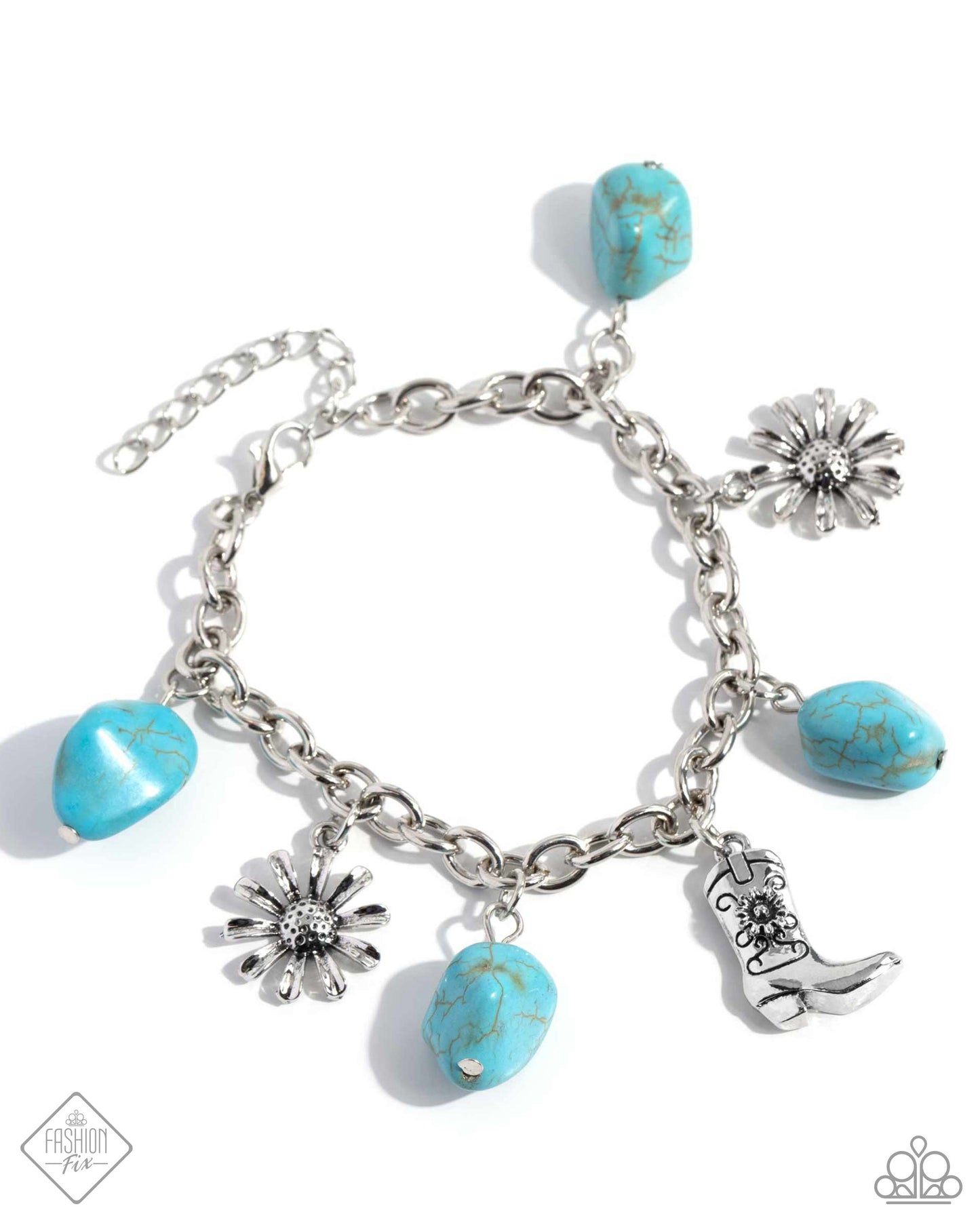 Badlands Beau - Blue Turquoise Stone, Silver Cowboy Boot Charm Bracelet Santa Fe Style Fashion Fix June 2024 Paparazzi