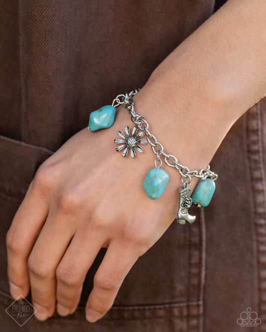 Badlands Beau - Blue Turquoise Stone, Silver Cowboy Boot Charm Bracelet Santa Fe Style Fashion Fix June 2024 Paparazzi