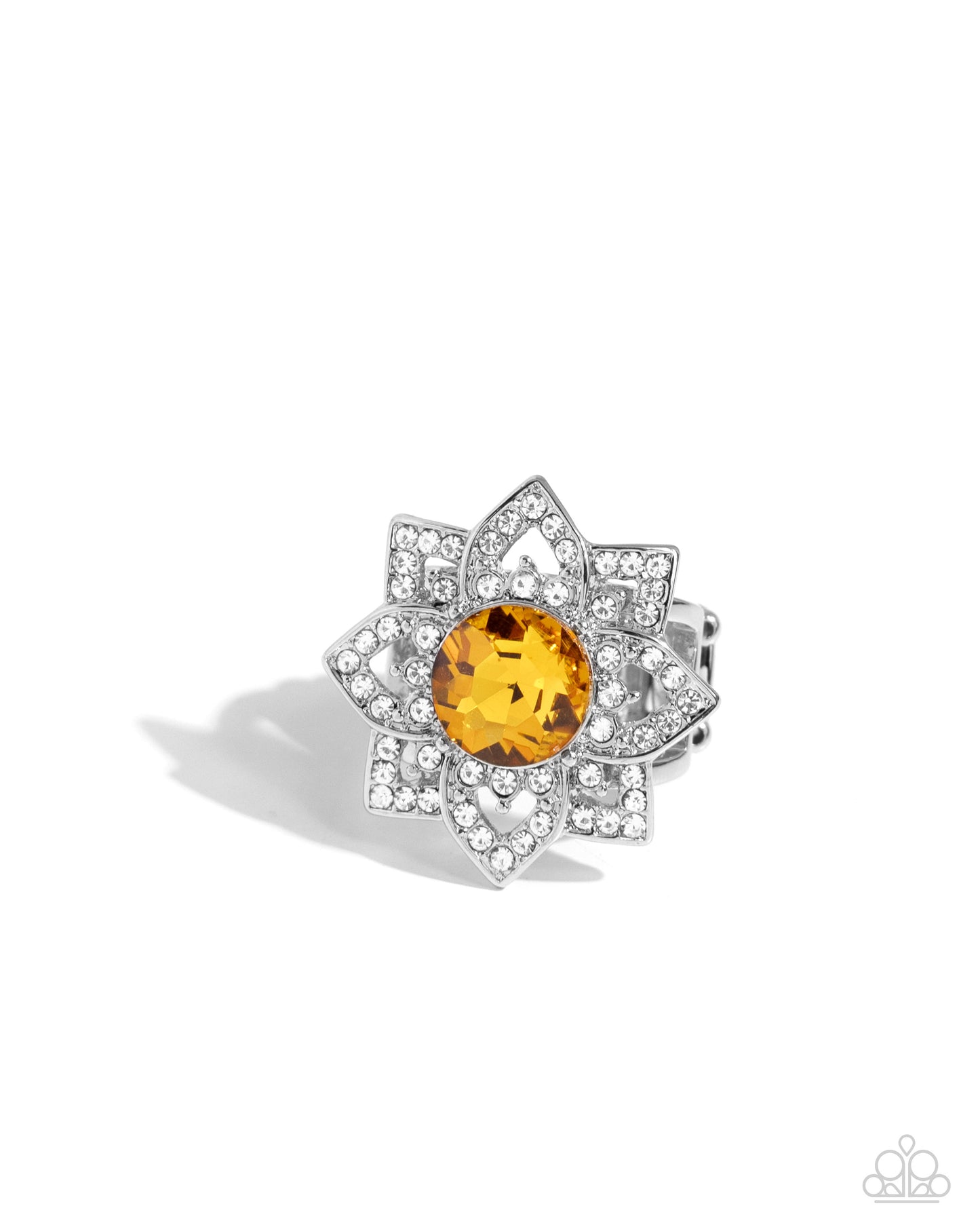 Pleasant Petals - Yellow Gem & White Rhinestone Flower Ring Paparazzi R0244