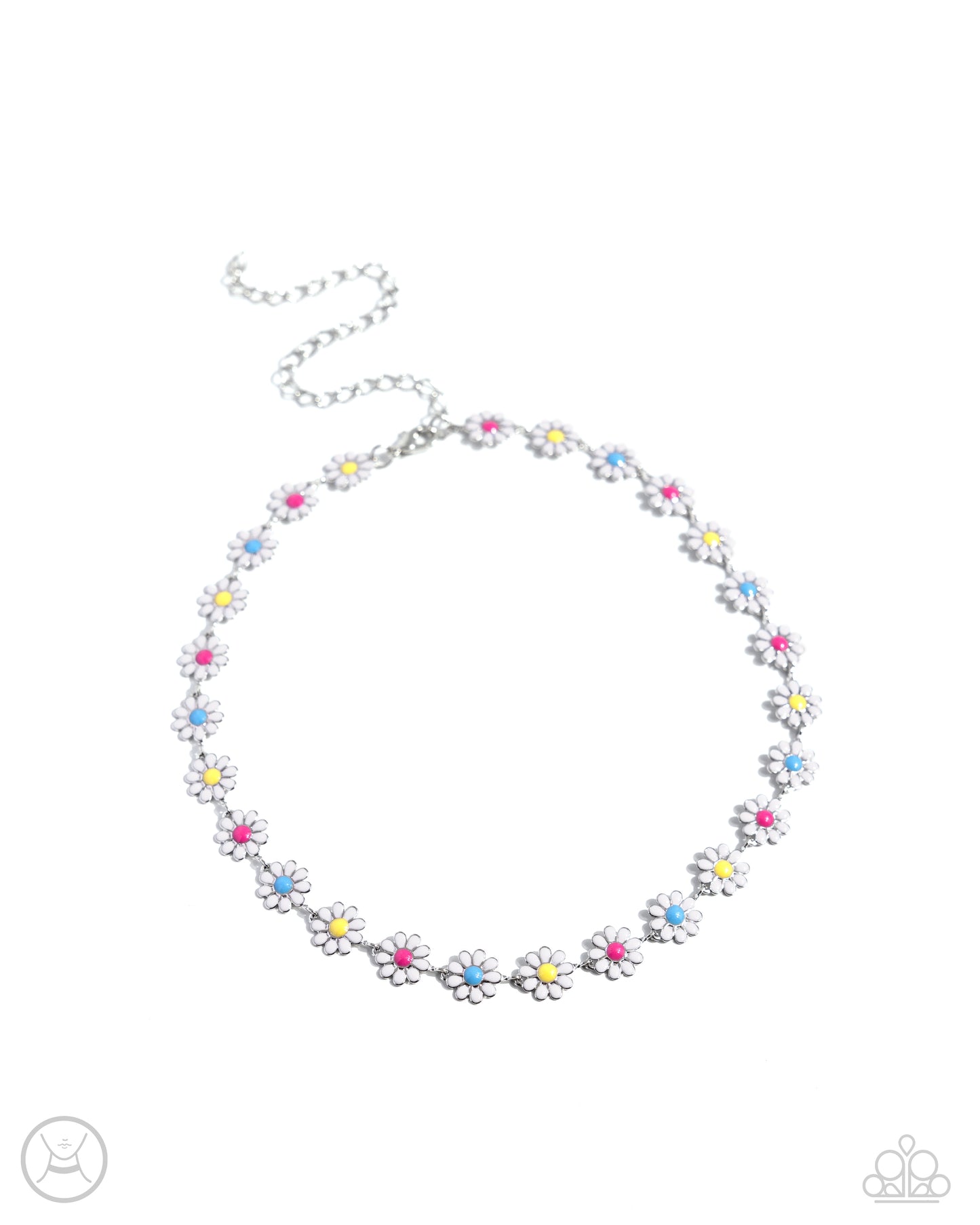 Floral Falsetto - White Painted Hot Pink, Yellow & Turquoise Center Daisies Silver Choker Necklace Paparazzi