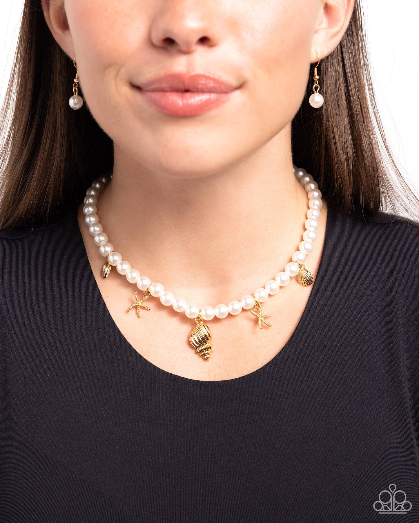 Beachcomber Beauty - Gold Seashell, Starfish Charms & White Pearl Necklace Paparazzi N2212