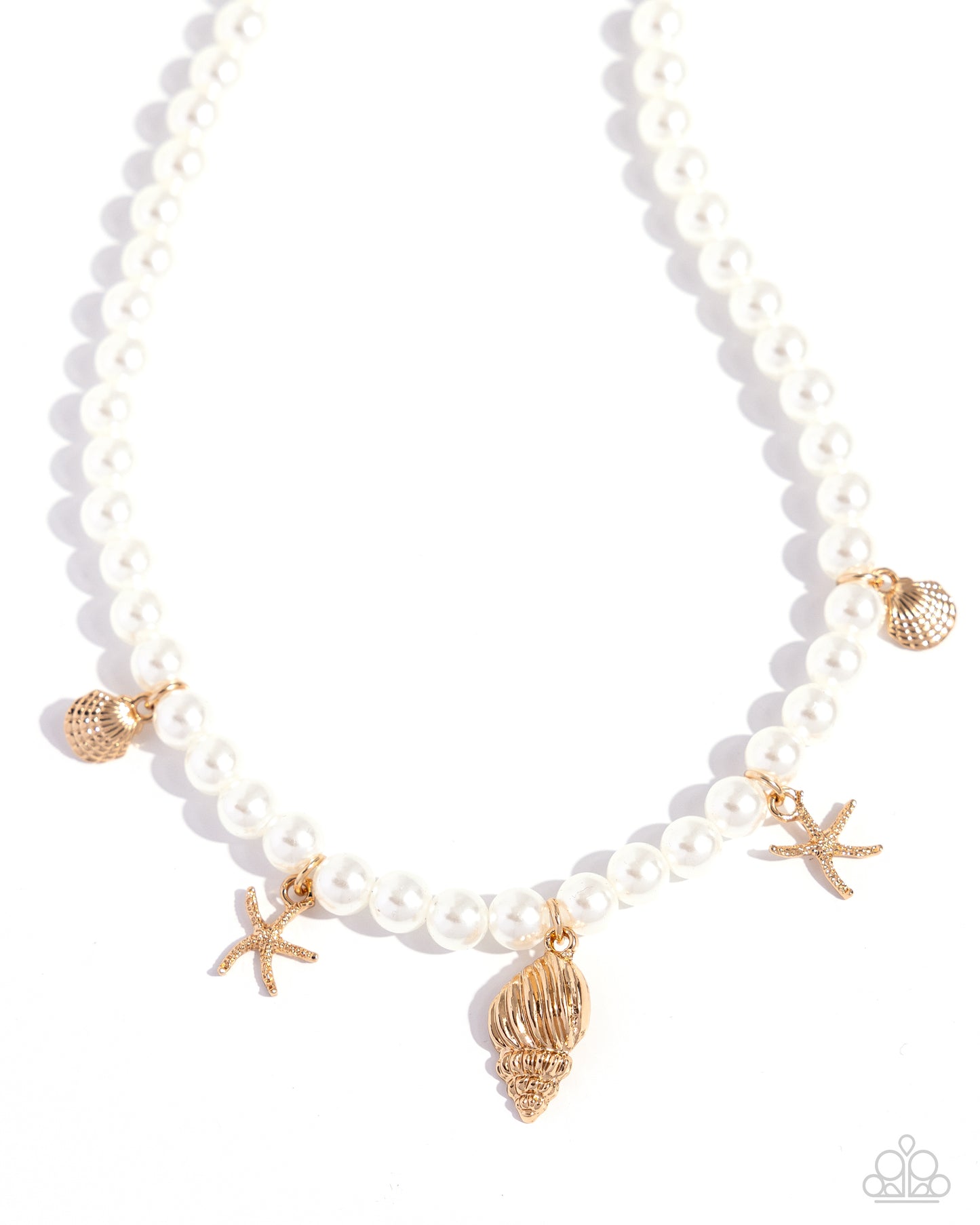 Beachcomber Beauty - Gold Seashell, Starfish Charms & White Pearl Necklace Paparazzi N2212