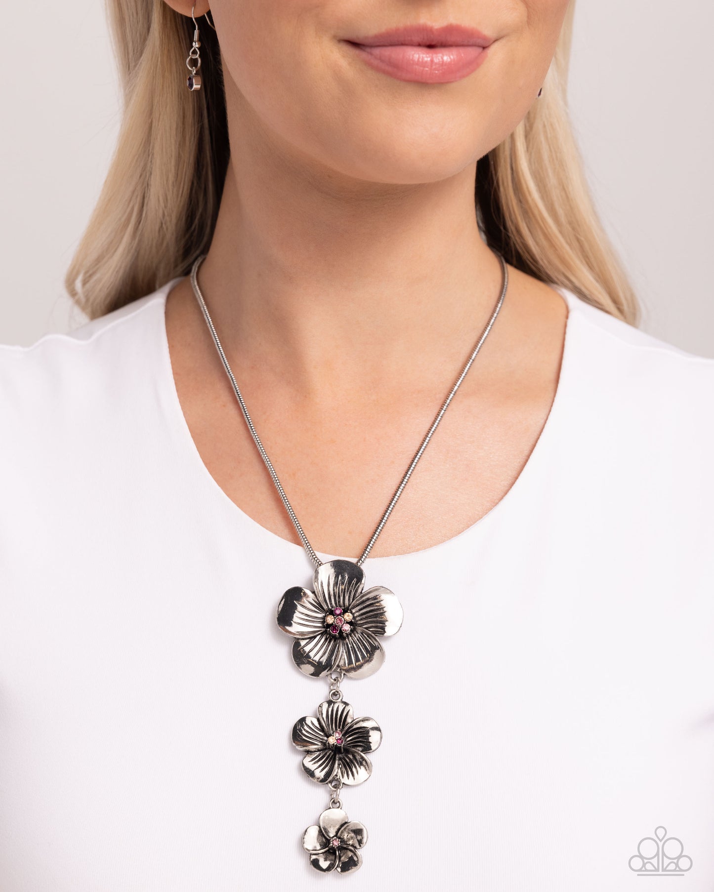 Wallflower Whimsy - Purple Multicolored Rhinestone Silver Flower Necklace Paparazzi N2344