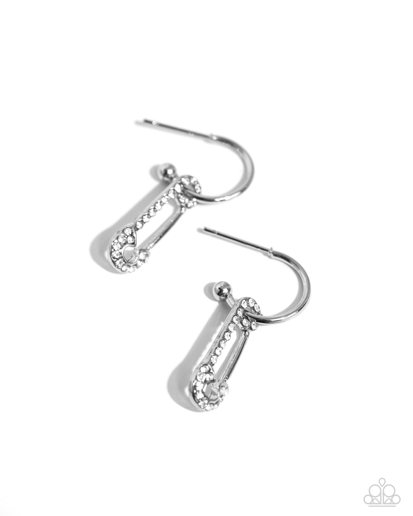 Safety Pin Sentiment - White Rhinestone Safety Pin 1/2 Inch Hoop Earring Paparazzi E1913