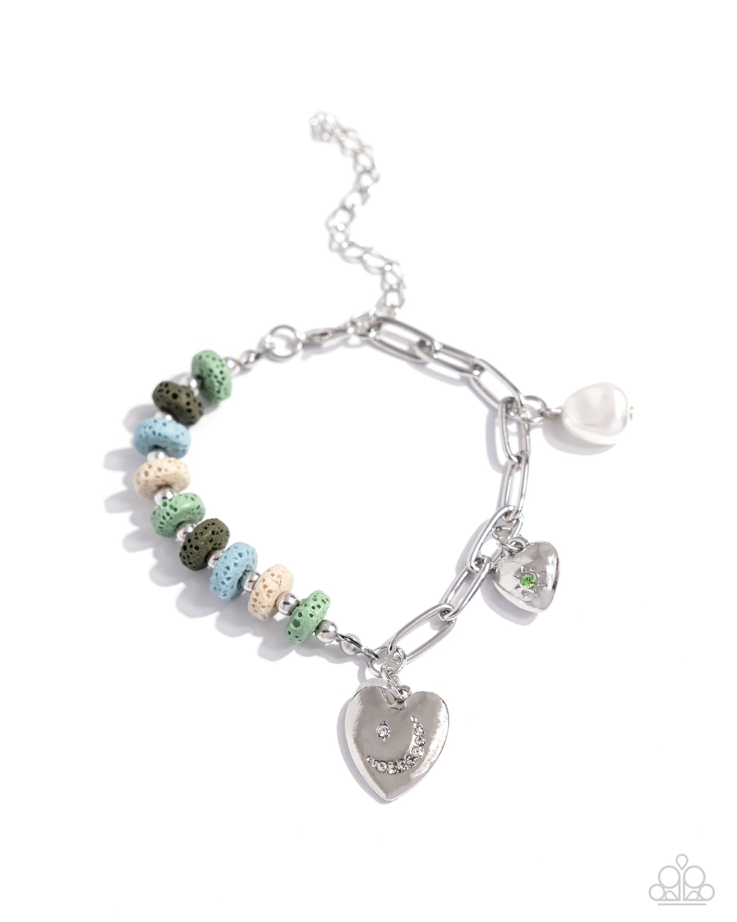 LAVA at First Sight - Green - Light & Dark Green Lava Stone, Turquoise, White Bead Silver Paperclip Chain & Heart Bracelet Santa Fe Style Paparazzi B1695