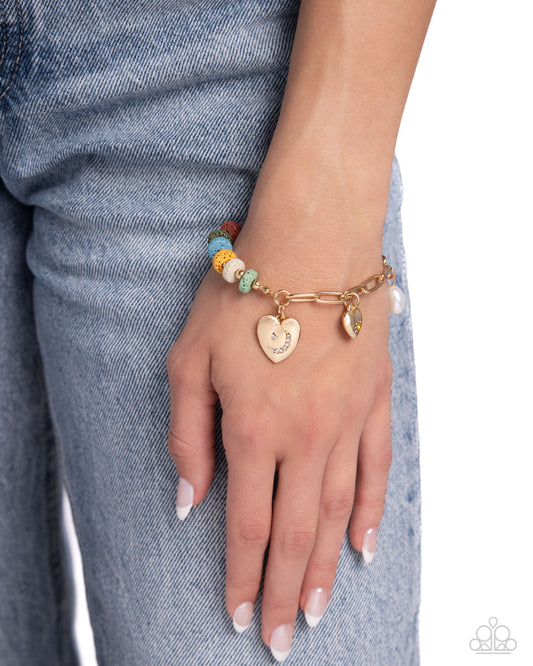 LAVA at First Sight - Multicolored Lava Stones, Gold Heart & Paperclip Chain Bracelet Santa Fe Style Paparazzi B1656