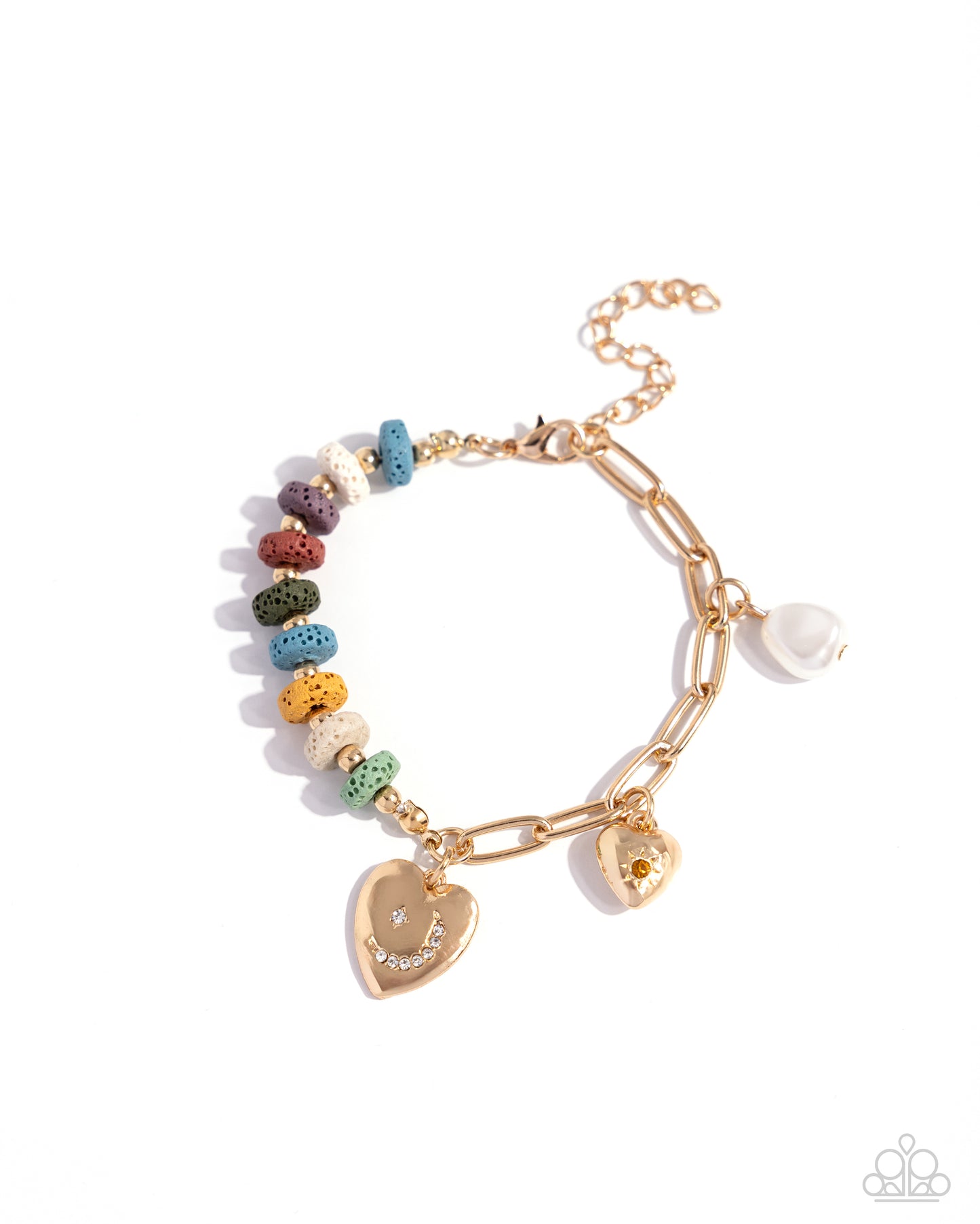 LAVA at First Sight - Multicolored Lava Stones, Gold Heart & Paperclip Chain Bracelet Santa Fe Style Paparazzi B1656