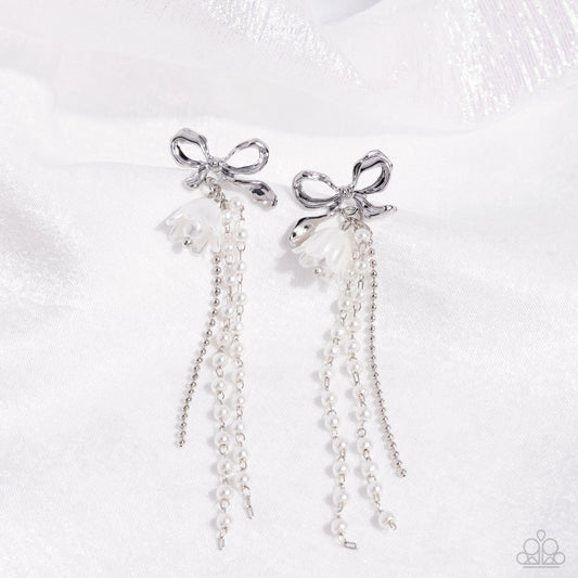 Garden Gain - White Pearl Silver Bow Girly Girl Post Earring Paparazzi E1856