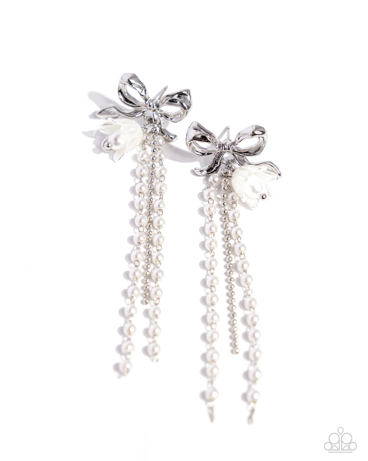 Garden Gain - White Pearl Silver Bow Girly Girl Post Earring Paparazzi E1856