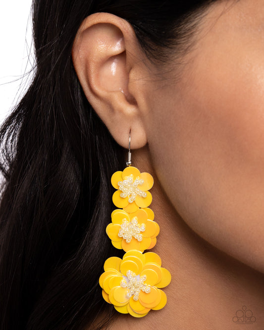 Beaded Bouquet - Yellow Sequin Flower Earring Paparazzi E2765