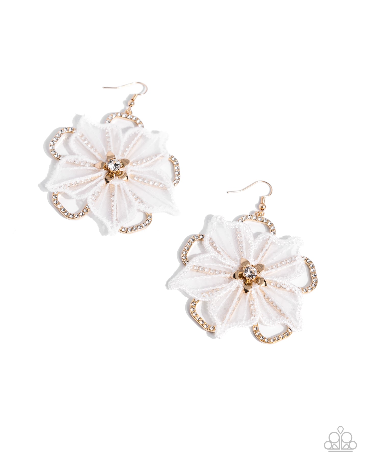 Refined Recognition - Gold, White Rhinestone Encrusted White Lace Flower Earring Paparazzi E2297