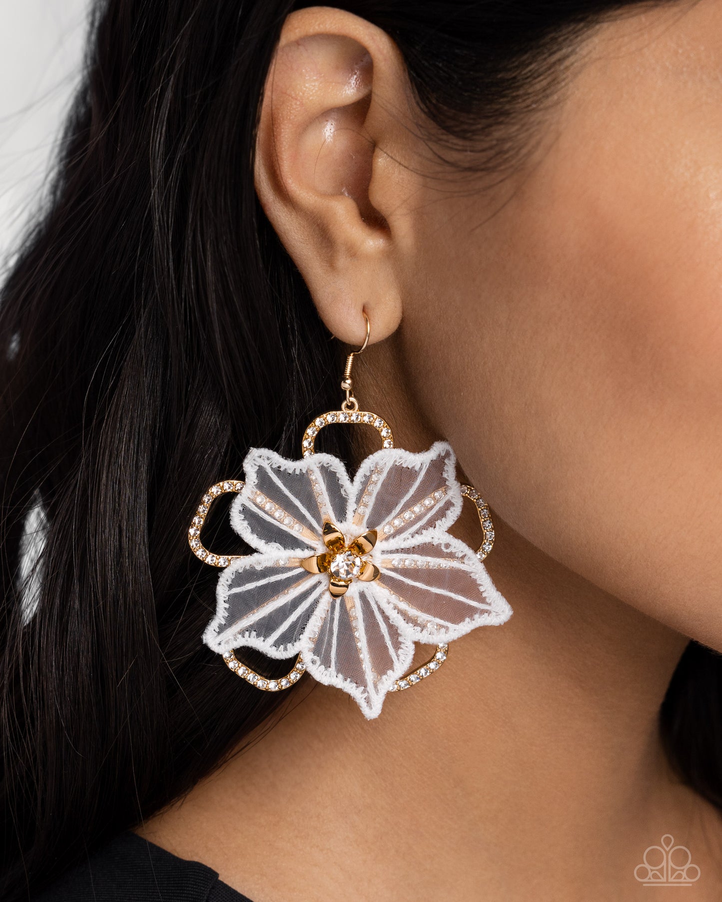 Refined Recognition - Gold, White Rhinestone Encrusted White Lace Flower Earring Paparazzi E2297