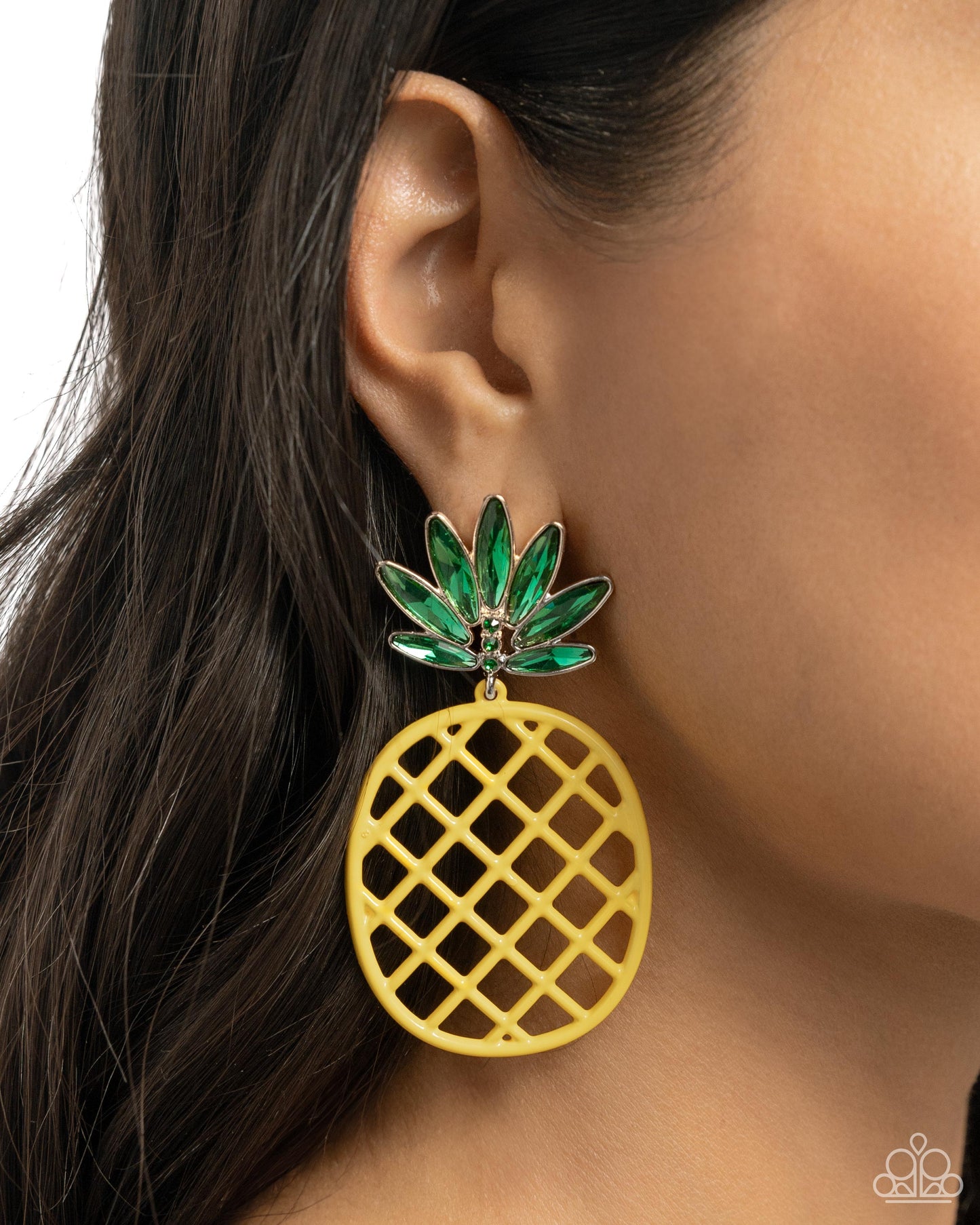 Pineapple Passion - Yellow Pineapple Green Gem Post Earring Paparazzi E1906