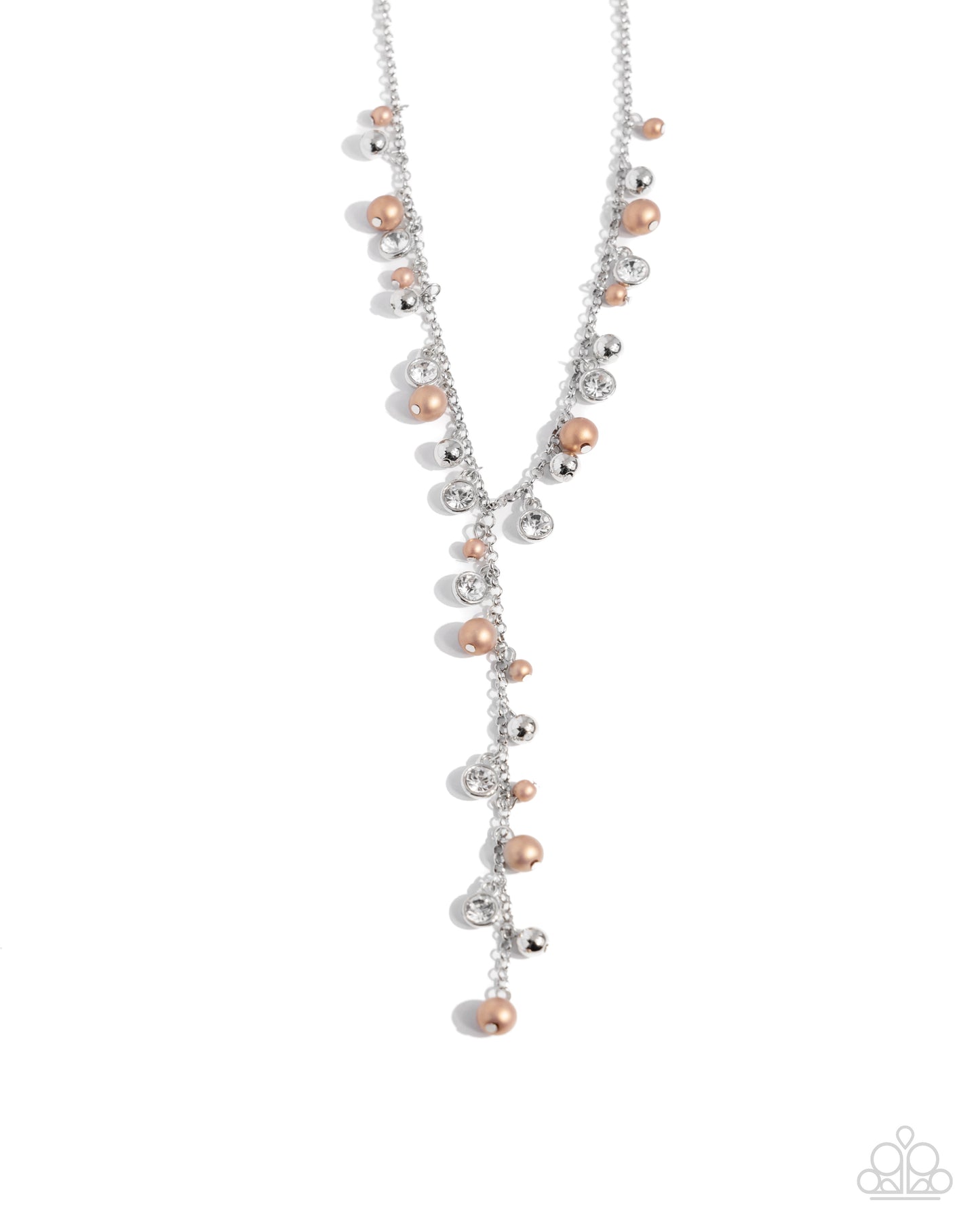 Noble Notion - Brown Brush Pearl, Silver Bead, White Rhinestone Y Necklace Paparazzi N2383