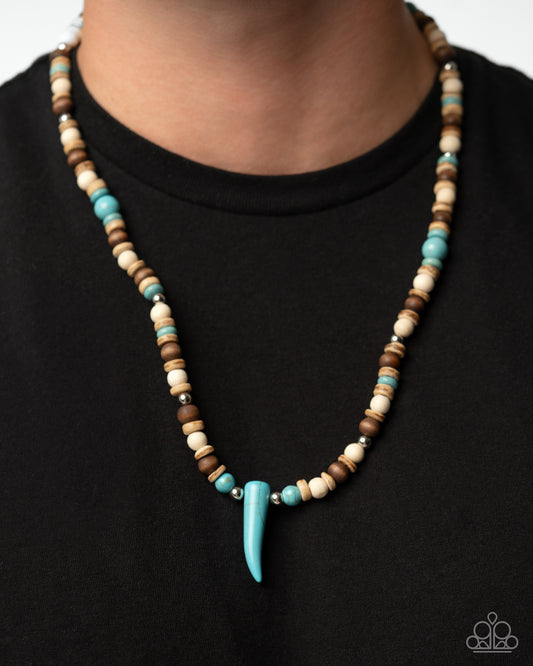 Pointed Patchwork - Blue Turquoise, Silver Bead Shark Tooth Like Stone Pendant Paparazzi N3123